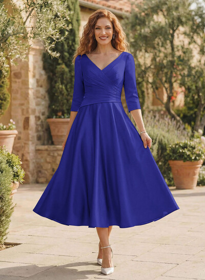 A-Line V-Neck 3/4 Sleeves Tea-Length Matte Satin(Non-Stretch) Mother Of The Bride Dresses