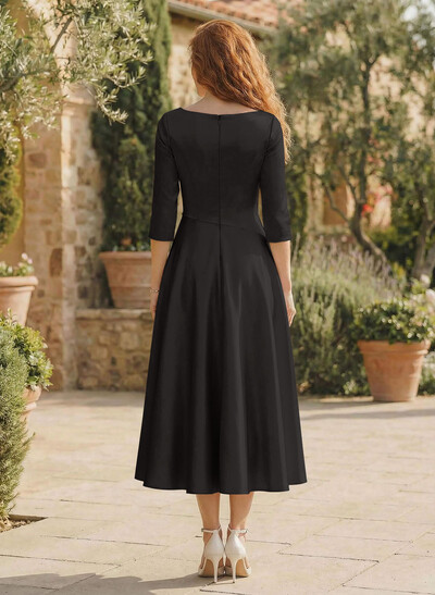 A-Line V-Neck 3/4 Sleeves Tea-Length Matte Satin(Non-Stretch) Mother Of The Bride Dresses