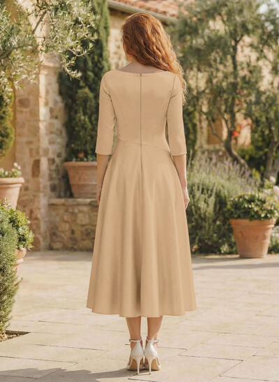 A-Line V-Neck 3/4 Sleeves Tea-Length Matte Satin(Non-Stretch) Mother Of The Bride Dresses