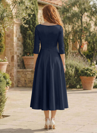 A-Line V-Neck 3/4 Sleeves Tea-Length Matte Satin(Non-Stretch) Mother Of The Bride Dresses