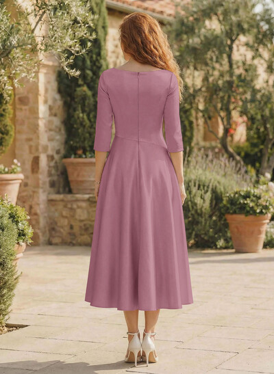 A-Line V-Neck 3/4 Sleeves Tea-Length Matte Satin(Non-Stretch) Mother Of The Bride Dresses