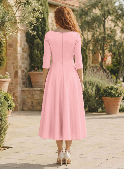 A-Line V-Neck 3/4 Sleeves Tea-Length Matte Satin(Non-Stretch) Mother Of The Bride Dresses