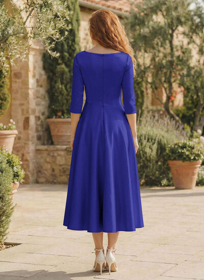 A-Line V-Neck 3/4 Sleeves Tea-Length Matte Satin(Non-Stretch) Mother Of The Bride Dresses