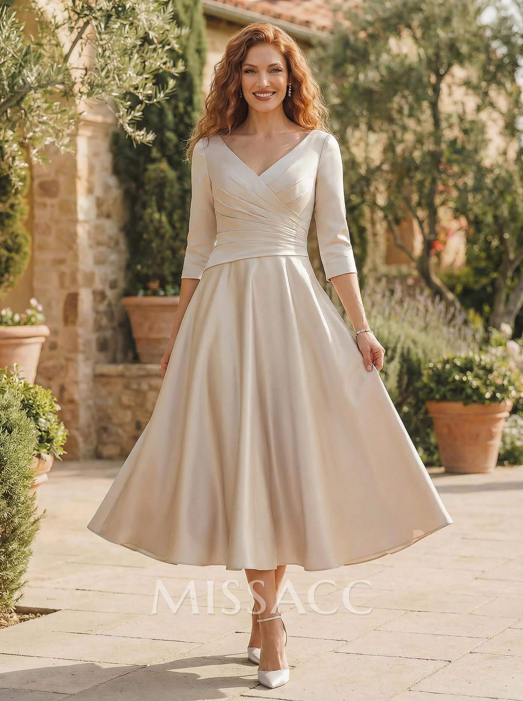 A-Line V-Neck 3/4 Sleeves Tea-Length Matte Satin(Non-Stretch) Mother Of The Bride Dresses A-Line V-Neck 3/4 Sleeves Tea-Length Matte Satin(Non-Stretch) Mother Of The Bride Dresses