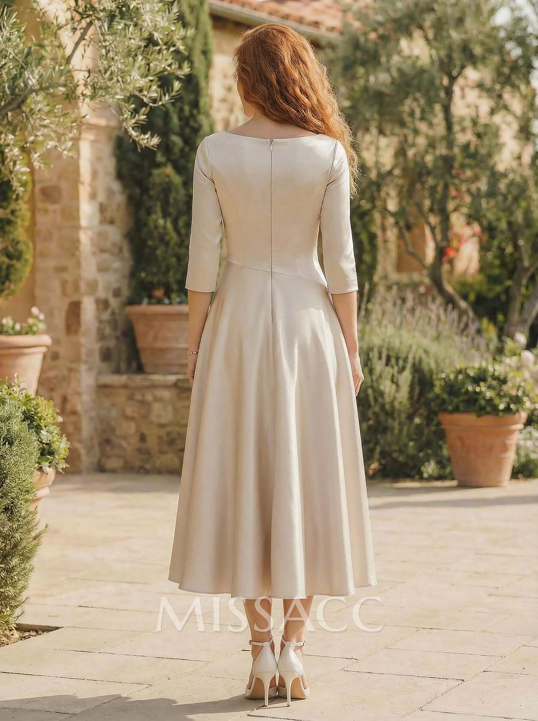 A-Line V-Neck 3/4 Sleeves Tea-Length Matte Satin(Non-Stretch) Mother Of The Bride Dresses A-Line V-Neck 3/4 Sleeves Tea-Length Matte Satin(Non-Stretch) Mother Of The Bride Dresses