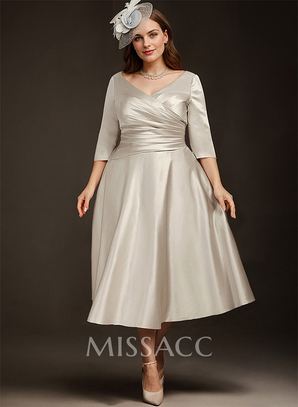 A-Line V-Neck 3/4 Sleeves Tea-Length Matte Satin(Non-Stretch) Mother Of The Bride Dresses A-Line V-Neck 3/4 Sleeves Tea-Length Matte Satin(Non-Stretch) Mother Of The Bride Dresses