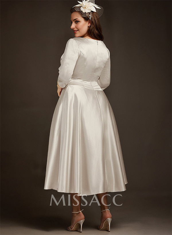 A-Line V-Neck 3/4 Sleeves Tea-Length Matte Satin(Non-Stretch) Mother Of The Bride Dresses A-Line V-Neck 3/4 Sleeves Tea-Length Matte Satin(Non-Stretch) Mother Of The Bride Dresses