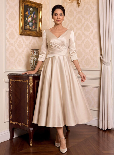 A-Line V-Neck 3/4 Sleeves Tea-Length Matte Satin(Non-Stretch) Mother Of The Bride Dresses