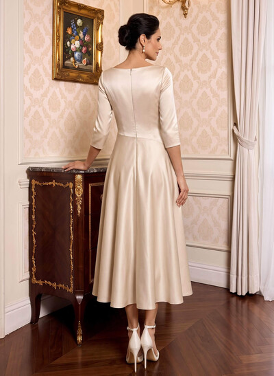 A-Line V-Neck 3/4 Sleeves Tea-Length Matte Satin(Non-Stretch) Mother Of The Bride Dresses
