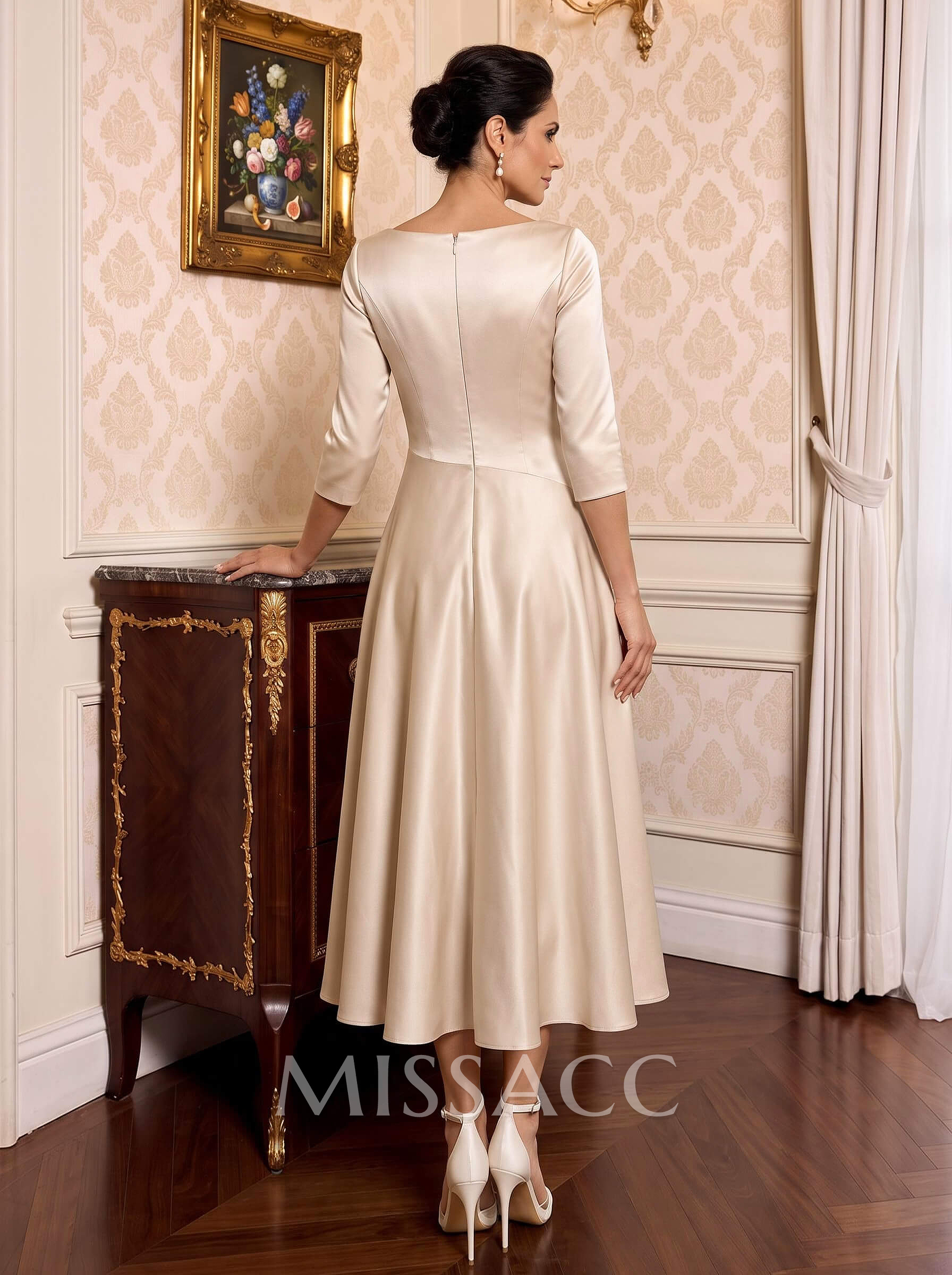 A-Line V-Neck 3/4 Sleeves Tea-Length Matte Satin(Non-Stretch) Mother Of The Bride Dresses A-Line V-Neck 3/4 Sleeves Tea-Length Matte Satin(Non-Stretch) Mother Of The Bride Dresses