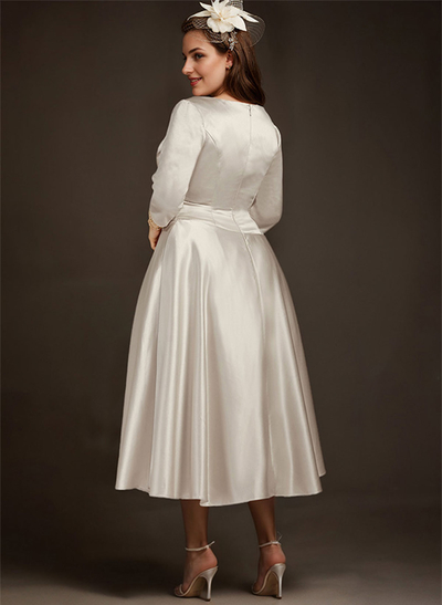 A-Line V-Neck 3/4 Sleeves Tea-Length Matte Satin(Non-Stretch) Mother Of The Bride Dresses