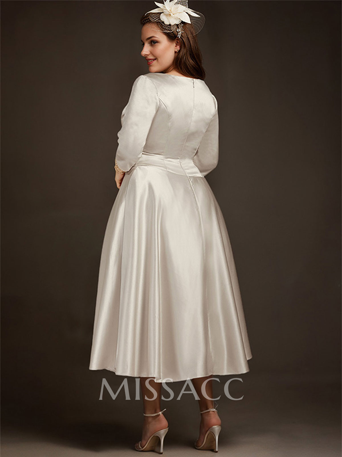 A-Line V-Neck 3/4 Sleeves Tea-Length Matte Satin(Non-Stretch) Mother Of The Bride Dresses