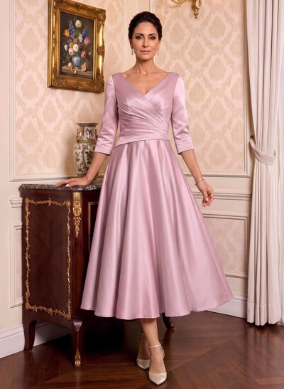 A-Line V-Neck 3/4 Sleeve Midi Matte Satin (Non-Stretch) Mother Of The Bride Dresses