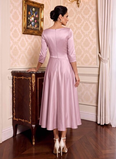 A-Line V-Neck 3/4 Sleeve Midi Matte Satin (Non-Stretch) Mother Of The Bride Dresses