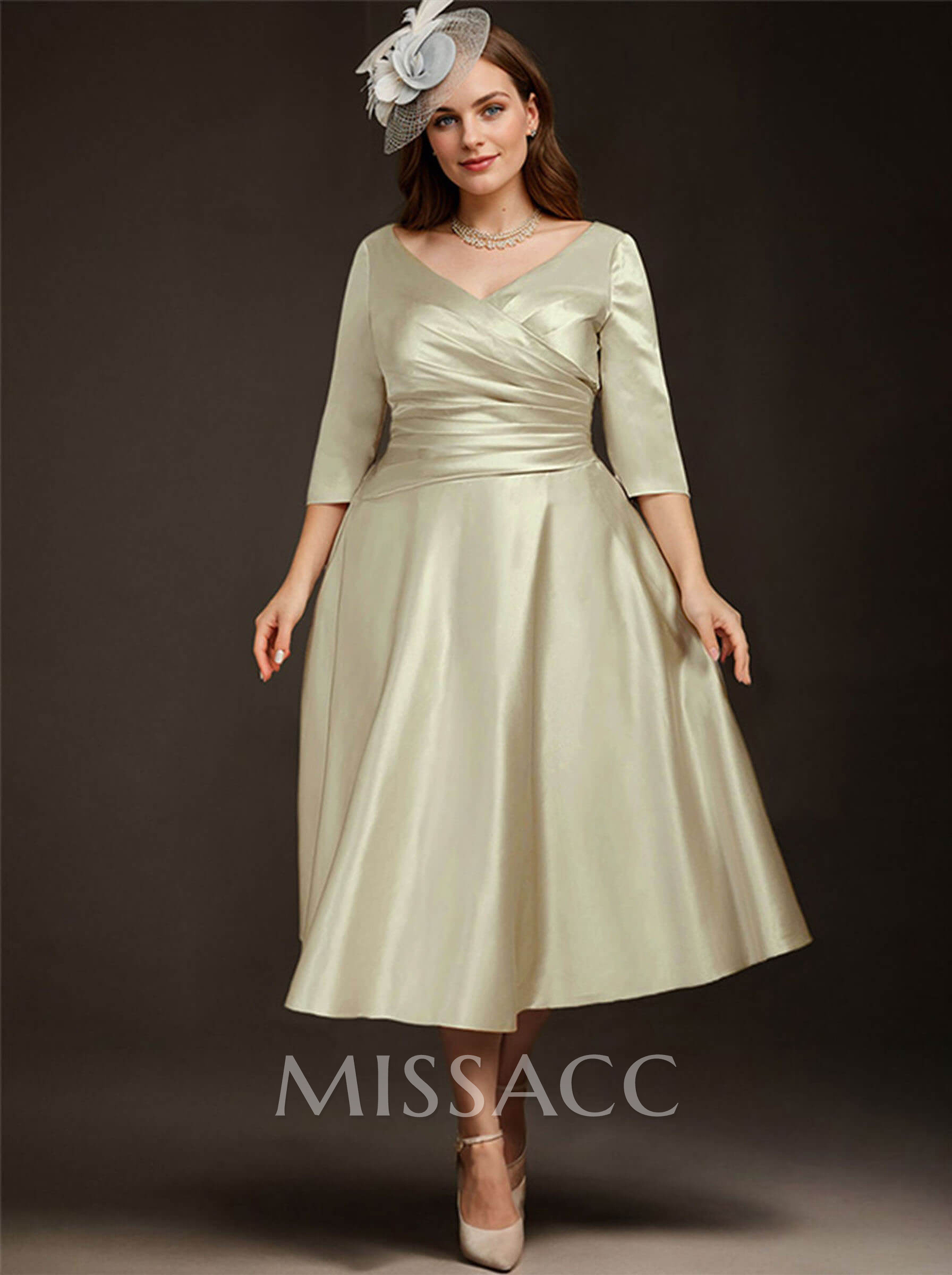 A-Line V-Neck 3/4 Sleeve Midi Matte Satin (Non-Stretch) Mother Of The Bride Dresses