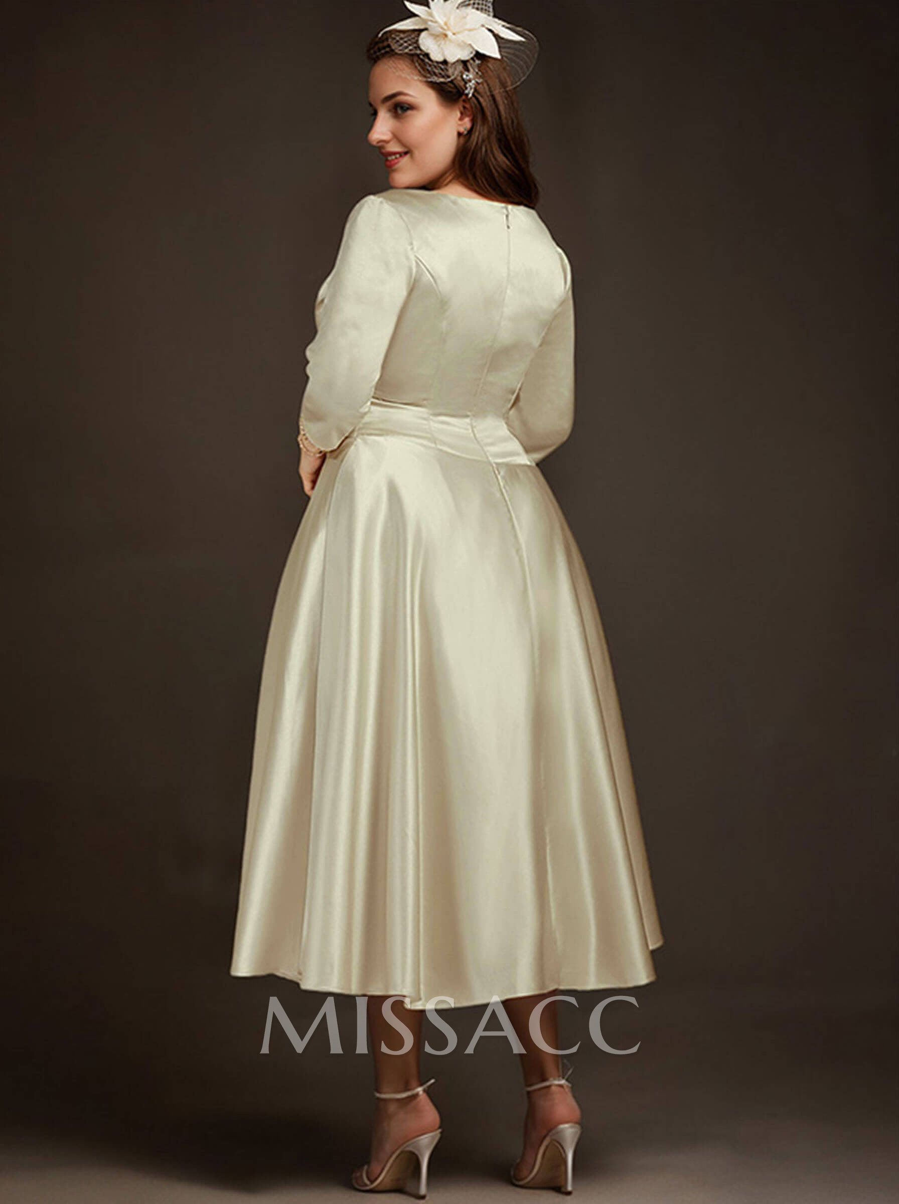 A-Line V-Neck 3/4 Sleeve Midi Matte Satin (Non-Stretch) Mother Of The Bride Dresses