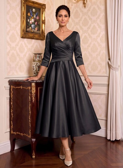 A-Line V-Neck 3/4 Sleeve Midi Matte Satin (Non-Stretch) Mother Of The Bride Dresses
