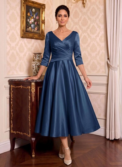 A-Line V-Neck 3/4 Sleeve Midi Matte Satin (Non-Stretch) Mother Of The Bride Dresses