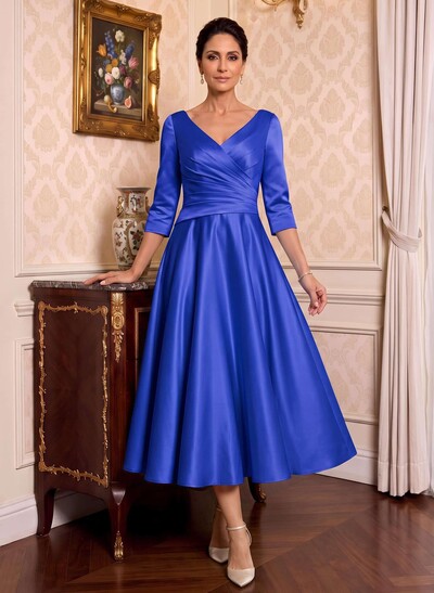 A-Line V-Neck 3/4 Sleeves Tea-Length Matte Satin(Non-Stretch) Mother Of The Bride Dresses