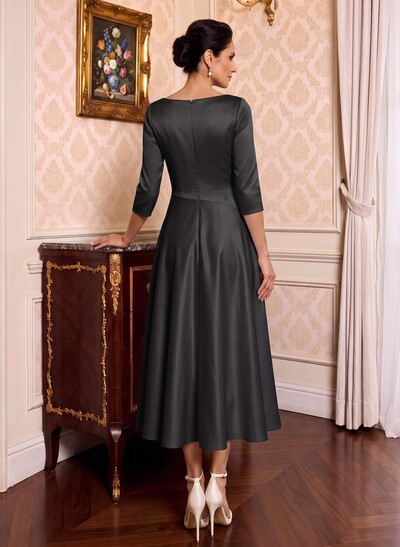 A-Line V-Neck 3/4 Sleeve Midi Matte Satin (Non-Stretch) Mother Of The Bride Dresses