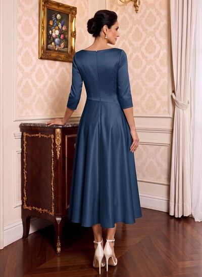A-Line V-Neck 3/4 Sleeve Midi Matte Satin (Non-Stretch) Mother Of The Bride Dresses