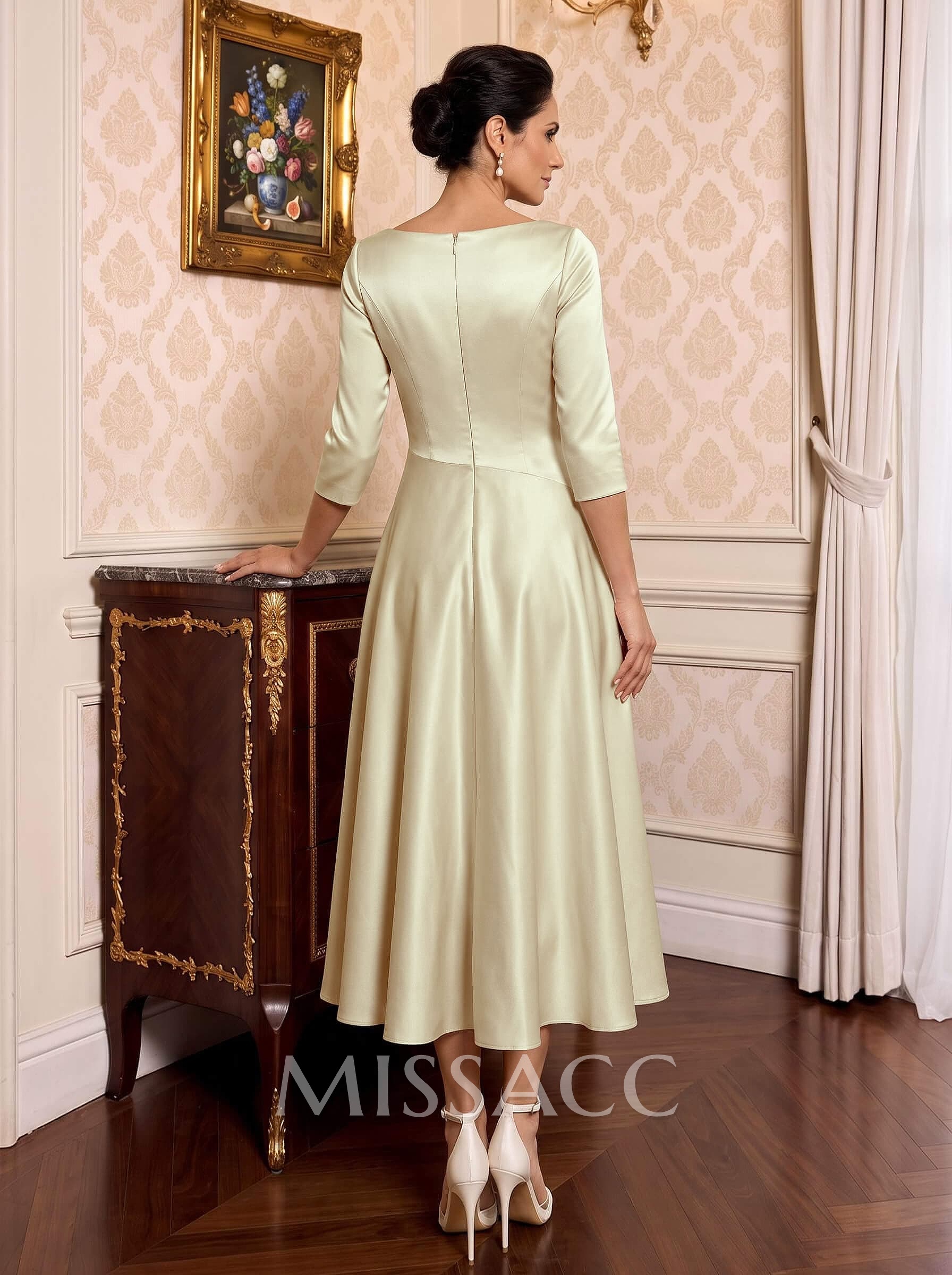 A-Line V-Neck 3/4 Sleeve Midi Matte Satin (Non-Stretch) Mother Of The Bride Dresses