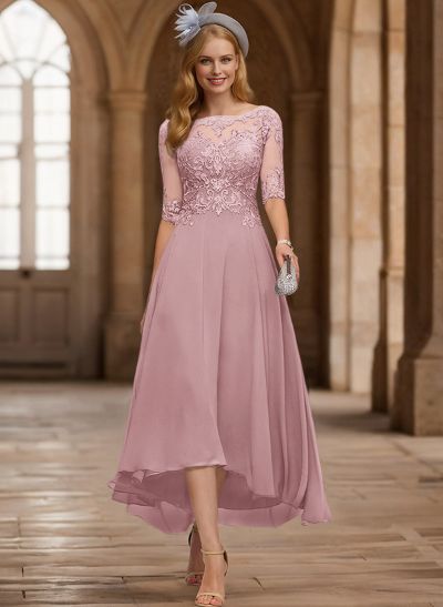 A-Line Illusion Neck Chiffon Mother Of The Bride Dresses With Appliques Lace