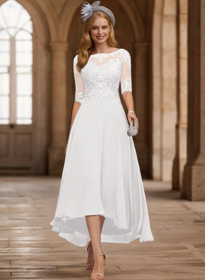 A-Line Illusion Neck Chiffon Mother Of The Bride Dresses With Appliques Lace