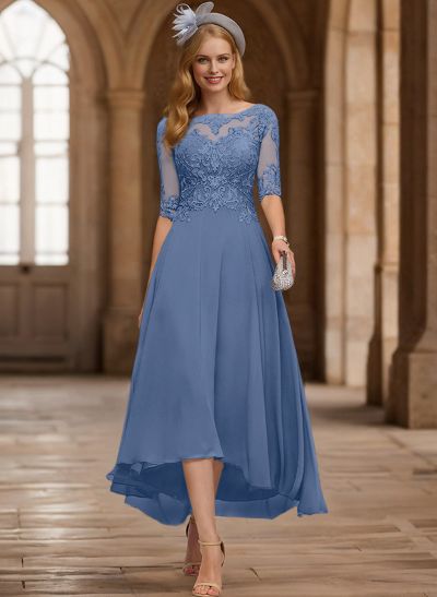 A-Line Illusion Neck Chiffon Mother Of The Bride Dresses With Appliques Lace