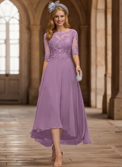 A-Line Illusion Neck Chiffon Mother Of The Bride Dresses With Appliques Lace