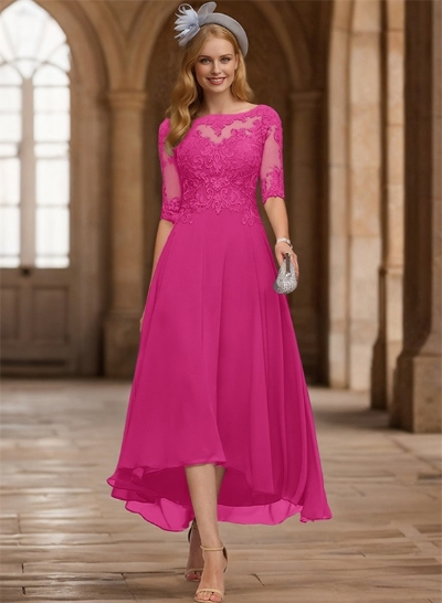 A-Line Illusion Neck Chiffon Mother Of The Bride Dresses With Appliques Lace