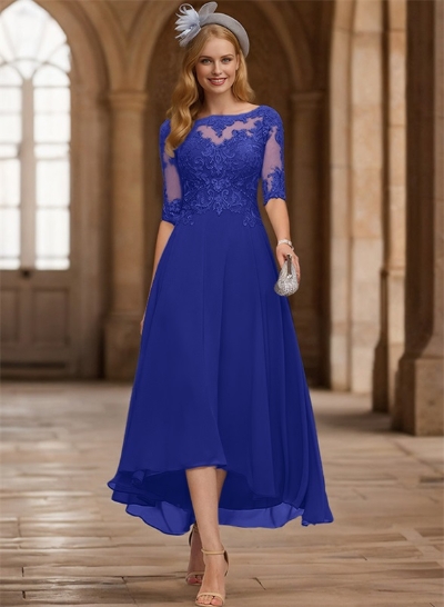 A-Line Illusion Neck Chiffon Mother Of The Bride Dresses With Appliques Lace