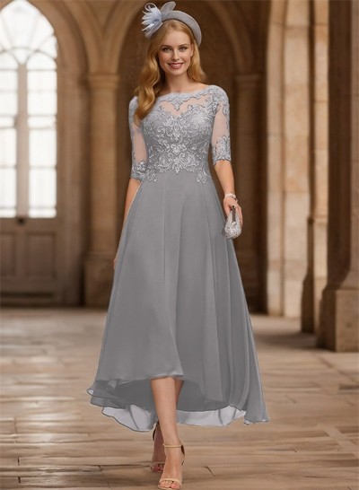 A-Line Illusion Neck Chiffon Mother Of The Bride Dresses With Appliques Lace