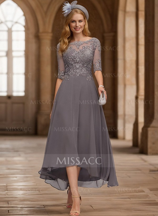 A-Line Illusion Neck Chiffon Mother Of The Bride Dresses With Appliques Lace