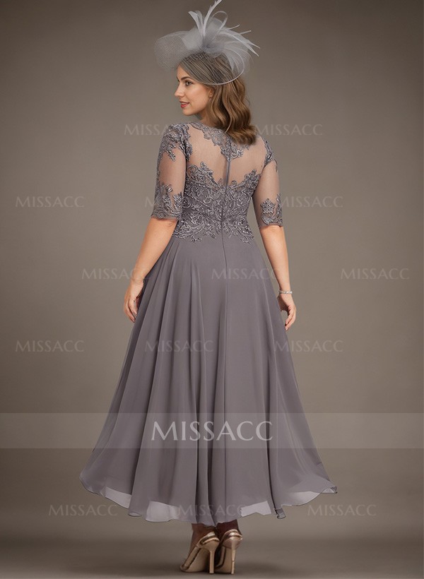 A-Line Illusion Neck Chiffon Mother Of The Bride Dresses With Appliques Lace