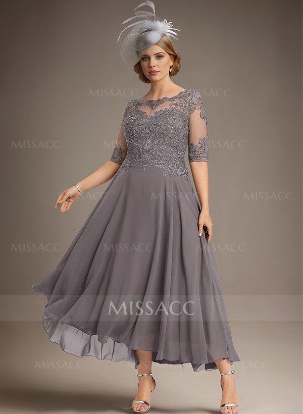 A-Line Illusion Neck Chiffon Mother Of The Bride Dresses With Appliques Lace