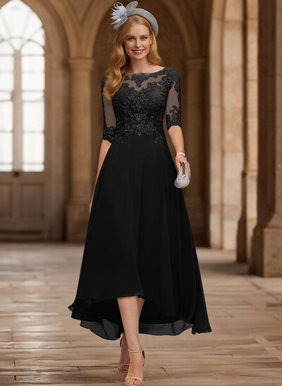 A-Line Illusion Neck Chiffon Mother Of The Bride Dresses With Appliques Lace