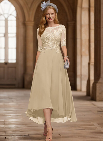 A-Line Illusion Neck Chiffon Mother Of The Bride Dresses With Appliques Lace