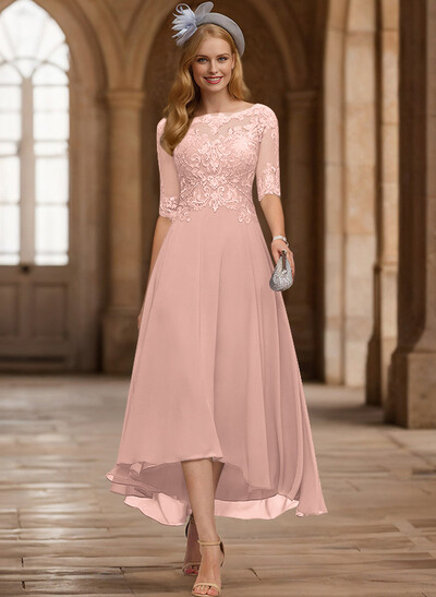 A-Line Illusion Neck Chiffon Mother Of The Bride Dresses With Appliques Lace