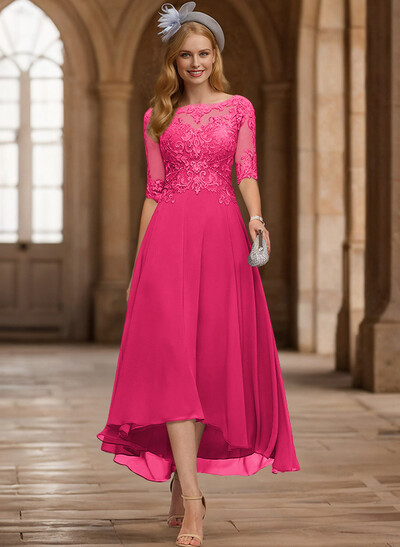 A-Line Illusion Neck Chiffon Mother Of The Bride Dresses With Appliques Lace