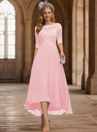 A-Line Illusion Neck Chiffon Mother Of The Bride Dresses With Appliques Lace