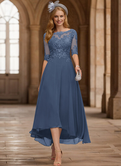 A-Line Illusion Neck Chiffon Mother Of The Bride Dresses With Appliques Lace