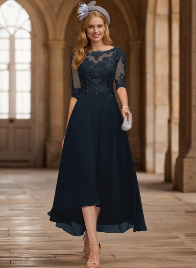 A-Line Illusion Neck Chiffon Mother Of The Bride Dresses With Appliques Lace