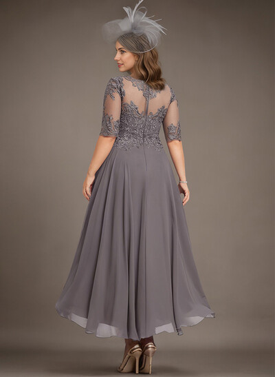 A-Line Illusion Neck Chiffon Mother Of The Bride Dresses With Appliques Lace