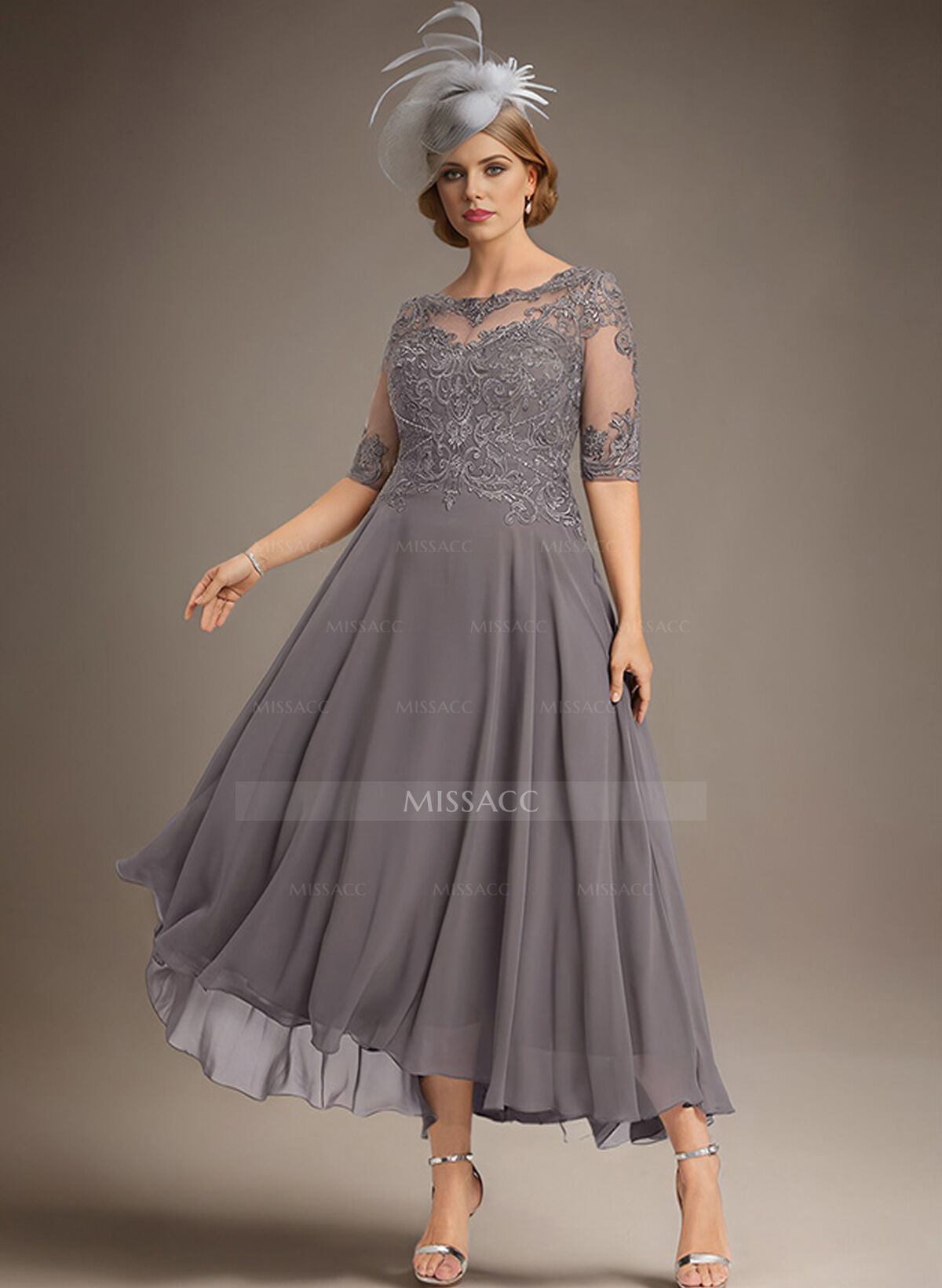 A-Line Illusion Neck Chiffon Mother Of The Bride Dresses With Appliques Lace