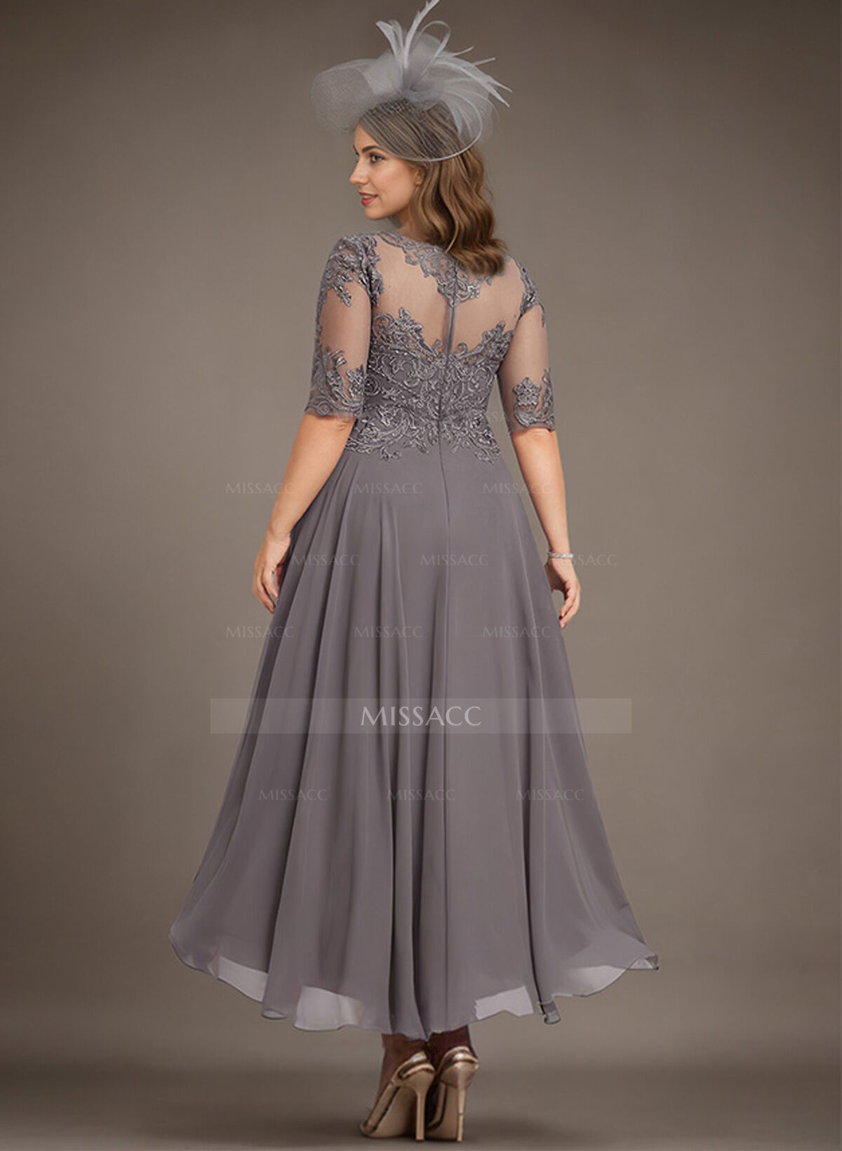 A-Line Illusion Neck Chiffon Mother Of The Bride Dresses With Appliques Lace