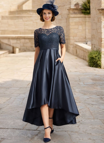 Lace Satin A-Line Asymmetrical Cocktail Dresses With Short Sleeves