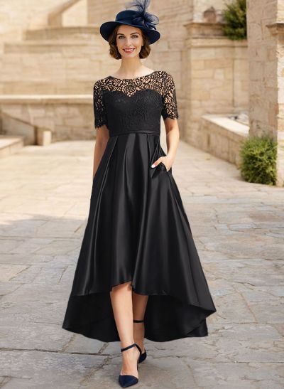 Lace Satin A-Line Asymmetrical Mother Of The Bride Dresses With Short Sleeves