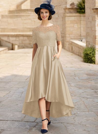 Lace Satin A-Line Asymmetrical Mother Of The Bride Dresses With Short Sleeves