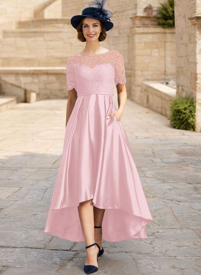 Lace Satin A-Line Asymmetrical Mother Of The Bride Dresses With Short Sleeves